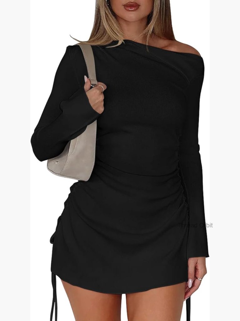 Bodycon Mini Dress Long Sleeve One Shoulder Side Split Ruched